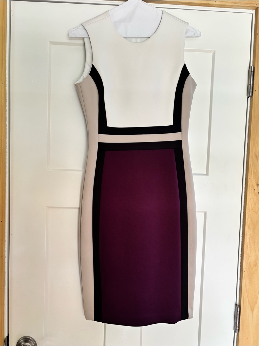 Calvin Klein White, Taupe & Plum Colorblock Sheath Dress